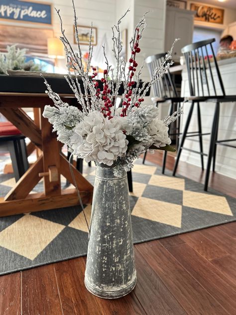 Large galvanized vase with loose Christmas floral stems, vase with iced stems, Christmas floral, loose Christmas picks in a floor vase by WreathsByNadia on Etsy Christmas Vase Decorations, Tall Vase Christmas Arrangements, Farmhouse Large Floor Vase, Christmas Vase Arrangements, Christmas Floral Arrangements In Tall Vases, Winter Floral Arrangements Tall Vase, Snow In Tall Vase With Ornaments, Tall Clear Vase, Vase Decorations