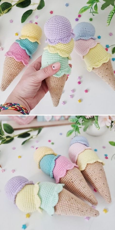 Ice Cream Amigurumi Free Pattern, Crochet Toy Food Free Pattern, Ice Cream Crochet Pattern Free, Kids Crochet Toys, Crochet Toy Food, Crochet Learning Toys, Crochet Toys For Kids, Crochet Patterns Food, Crochet Food Toys