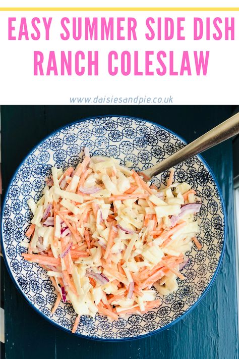 Take your homemade coleslaw up a level with this super easy Ranch Coleslaw Recipe - delicious BBQ side dish or potluck dish | easy coleslaw recipe | salad recipe Ranch Coleslaw, Ranch Slaw, Easy Coleslaw Recipe, Veggie Casserole Recipes, Spicy Coleslaw, Bbq Side Dish, Homemade Slaw, Easy Summer Side Dishes, Easy Coleslaw