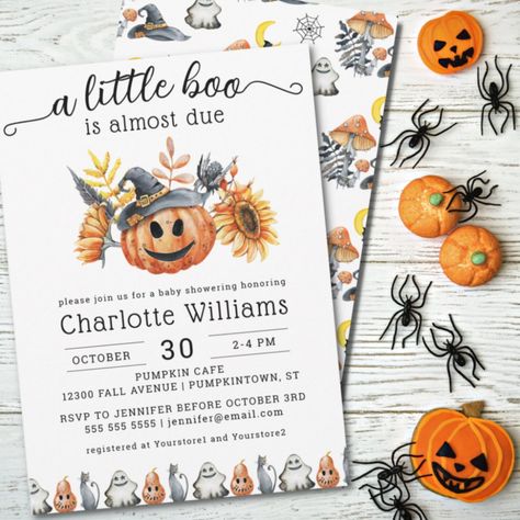 Budget Halloween Pumpkin Little Boo Baby Shower Little Boo Is Almost Due, Budget Baby Shower, Halloween Baby Shower Theme, Floral Baby Shower Invitations, Baby Shower Pumpkin, Halloween Baby, Baby Shower Fall, Baby In Pumpkin, Halloween Invitations