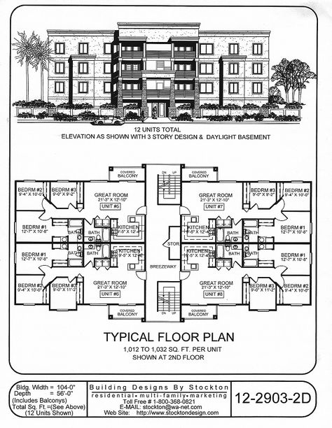 Building Designs by Stockton: Plan # 12-2903-2D Apartment Building Floor Plans, Apartment Building Plans, Building Floor Plans, Hospital Floor Plan, Small Apartment Building Design, Residential Building Plan, Small Apartment Building, Hotel Floor Plan, Building Layout