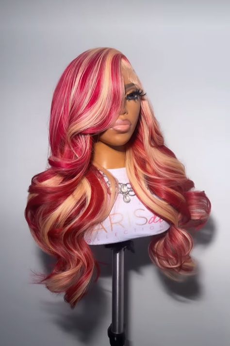 Blonde And Red Highlights Black Women, Red And Blonde Wig For Black Women, Blonde And Red Wig, Exotic Wigs, Peach Wig, Wig Installs, Exotic Hairstyles, Short Ombre Hair, Frontal Wig Hairstyles