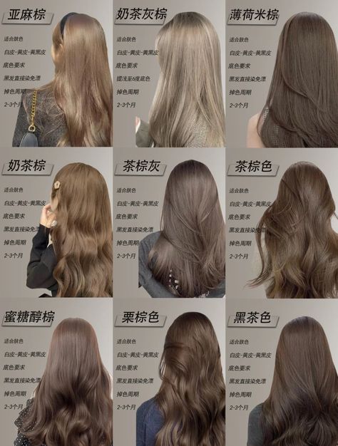 Hair Color For Different Skin Tones, Ash Brown Hair Lowlights, Ash Brown Korean Hair, Milk Tea Brown Highlights, No Bleach Hair Color Ideas, Bleachless Hair Colours, Hair Color Neutral Skin Tone, Wella Ash Brown, Different Types Of Brown Hair