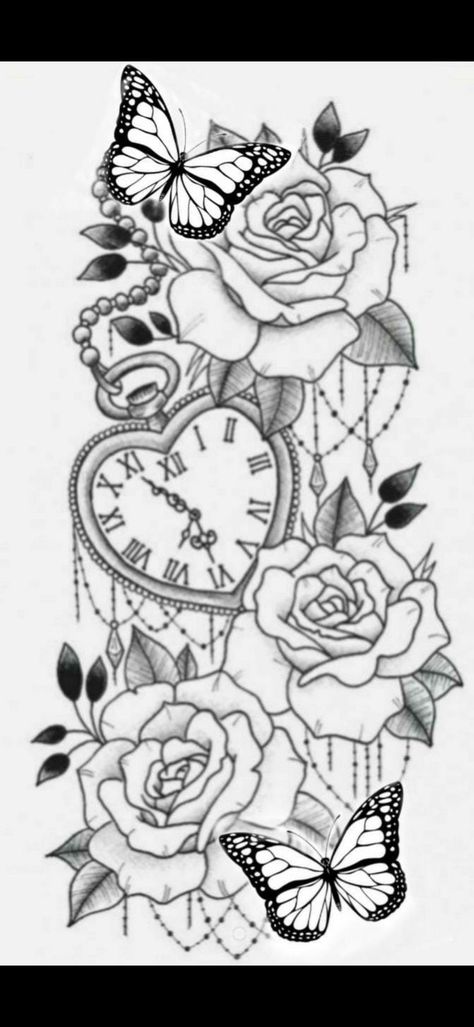 Butterfly Tattoo With Roses Half Sleeves, Thigh Clock Tattoo Women, Heart And Flower Tattoo Sleeve, Clock And Butterfly Tattoo Design, Heart Clock With Roses Tattoo, Clock Flowers Butterfly Tattoo, Rose Heart Clock Butterfly Tattoo, Skull And Roses Tattoos For Women, Butterflies And Roses Tattoo