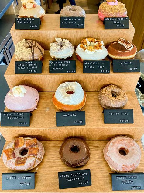 display of donuts at The Salty Donut Austin The Salty Donut, Doughnut Display Ideas, Salty Donut, Donuts Shop, French Crullers, Donut Store, Giant Donut, Dozen Donuts, Donut Display