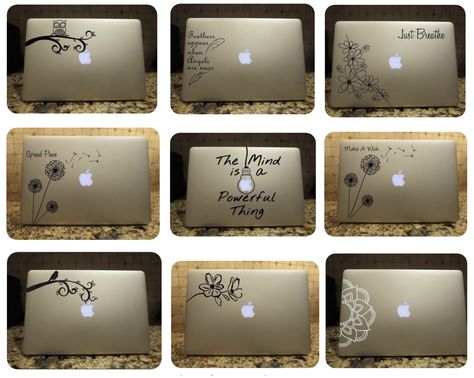 Die cut custom vinyl decals for your laptop or any smooth surface. Laptop Cricut Decal, Laptop Vinyl Decal Ideas Cricut, Laptop Vinyl Decal Ideas, Cricut Laptop Decal, Laptop Decals Cricut, Laptop Decoration Ideas, Dream Catcher Decal, Truck Window Stickers, Macbook Decal Stickers