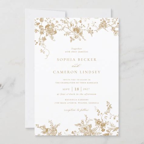 Elegant Floral Vintage Botanical Gold Wedding Invitation Vintage Wedding Cards Invitation, Vintage Wedding Invitations Elegant, Wedding Card Design Templates, Gold And White Wedding Invitations, White And Gold Wedding Invitations, Gold Invitation Template, Simple Wedding Invitation Design, Elegant Wedding Invitations Classy, Wedding Invitations Vintage Elegant