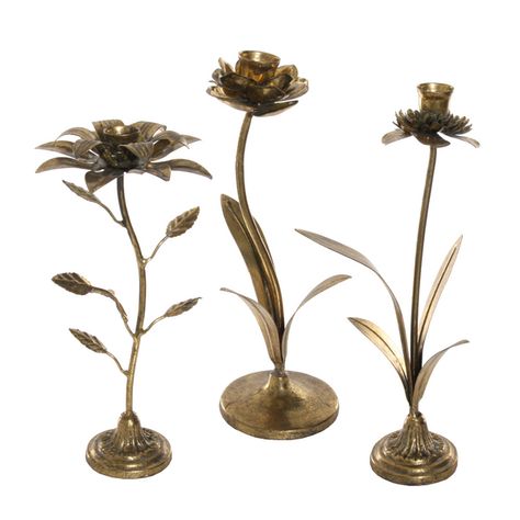 Features: Measures: Small 4" L 4" W x x 10.5" H Medium: 7" L 4.5" W x x 13" H Large: 6.5" L 6" W x x 12" H Sold Individually or as a Set of 3! Fits Up To A 1" Taper Candle  Material: Bronze Metal Semi-Adjustable Stems and Leaves  Candle Not Included Imported Pair With a Set of Our Taper Candles; Sold Separately: Flameless: HMD1388 Hand-Dipped Wax: HMD1365 This Adjustable Bronze Metal Flower Taper Candleholder Tabletop Décor adds a perfect accent to any home décor. Its striking design and classic Gold Candles Holder, Witchy House, Cowgirl Bachelorette Parties, Bath Makeover, Leaves Candle, Gold Candle Holders, Girl’s Room, Rose Candle, Tabletop Accessories