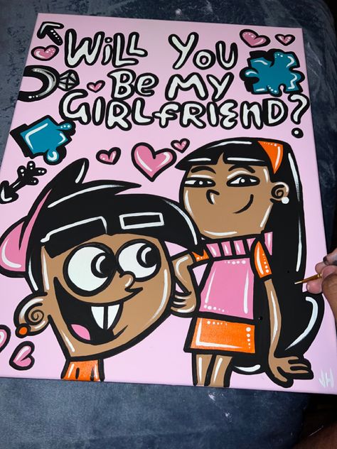 Will You Be My Girlfriend Painting, Fye Drawings, Girly Paintings, 90s Cartoon Canvas Painting, Bedroom Art Painting, Be My Girlfriend, Will You Be My Girlfriend, Valentine Drawing, Hippie Painting