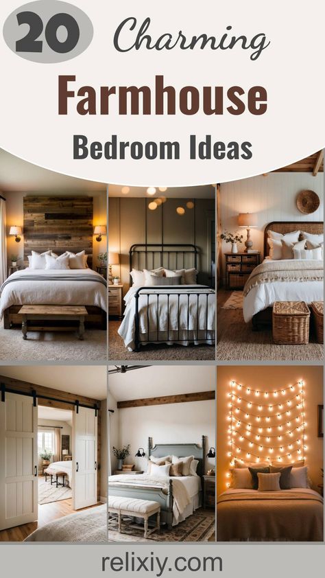 20 Rustic Farmhouse Bedroom Ideas You’Ll Love Black Modern Farmhouse Bedroom, Master Bedrooms Farmhouse Style, King Size Bed Master Bedrooms Farmhouse, Farmhouse Bedroom Paint Ideas, Minimalist Cottage Bedroom, Highland Cow Bedroom Ideas, Farmhouse Bedroom Sconces, Rustic Master Bedrooms Ideas For Couples, Farmhouse Bedroom Mirror