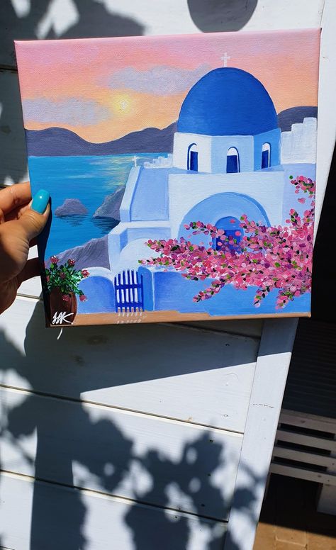 Painting Ideas On Canvas Greece, Easy Simple Painting Ideas On Canvas Summer, Greece Painting Aesthetic, Ideas Of Paintings Canvases, Mini Canvas Painting Ideas Aesthetic, Canvas Painting Ideas Square, Summer Paintings On Canvas Aesthetic, Greece Painting Easy, Painting Ideas For Room