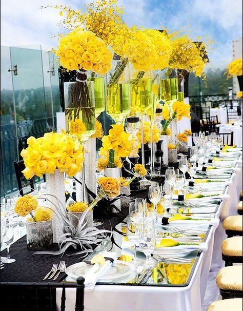 wedding tablescape-modern, gorgeous yellow centerpieces Yellow Centerpieces, Wedding Reception Themes, Batman Wedding, Yellow Wedding Theme, Yellow Theme, Yellow Wedding, Long Table, Wedding Centerpiece, Wedding Themes