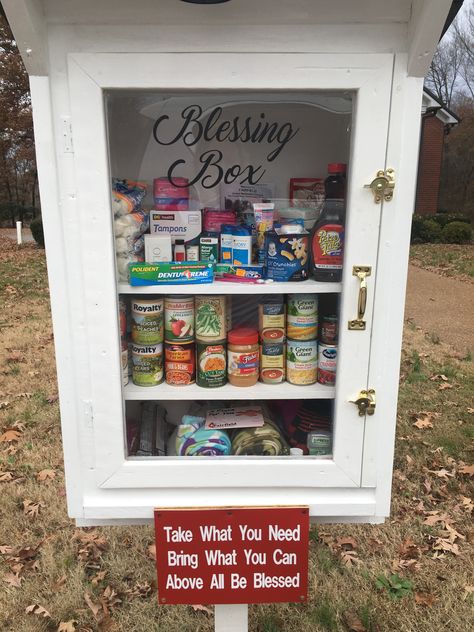 Blessing Box #church #handsandfeet #community #blessing #box #umc Blessing Box Diy, Blessings Box Ideas, Blessing Box Ideas, Blessing Boxes, Homeless Care Package, Little Free Pantry, Free Pantry, Prayer Garden, Take What You Need