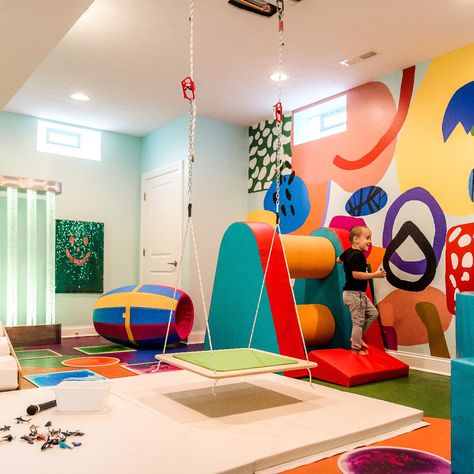 A Grow-With-Me Home Sensory Gym Soft Play Sensory Room, Sensory Clinic Ideas, Sensory Motor Room Ideas, Garage Sensory Gym, Sensory Toy Room, Therapy Gym Organization, Indoor Soft Playground, Sensory Room Mural, Kids Gym Room Indoor Play