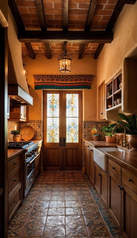 30 Mexican Farmhouse Decor Ideas: Cozy And Colorful Inspiration For Your Home Traditional Mexican Kitchen Design, Spanish Tile Floor Living Room, Hacienda Style Kitchen Mexico, Mexican Houses Interior, Mexican House Interior, New Mexico Style Home, Mexican Inspired Kitchen, Mexican Style Bathroom, Mexican Farmhouse Decor