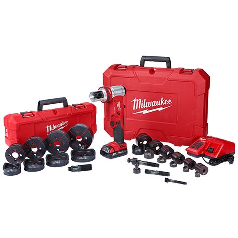 M18™ FORCELOGIC™ 6T Knockout Tool 1/2" - 4" Kit | Milwaukee Tool Knockout Punch, Easy Punch, Angle Design, Garage Work Bench, Milwaukee M18, Cordless Power Tools, Punch Tool, Milwaukee Tools, Cordless Tools