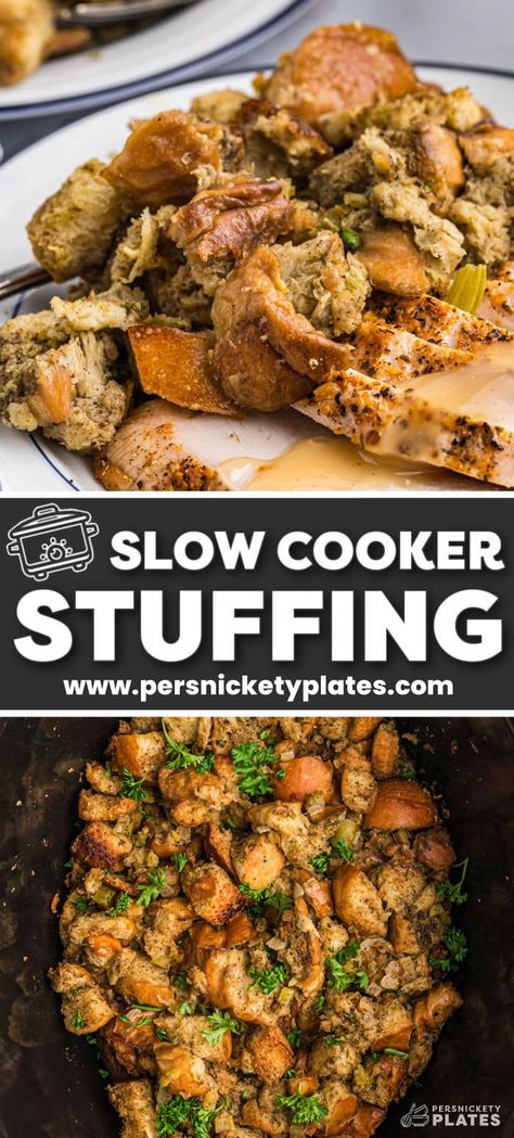 Slow Cooker Stuffing is so easy to make and is full of flavorful herbs. This crockpot side dish will save oven space and be a hit alongside your turkey. Thanksgiving Stuffing Recipes Crockpot, Turkey Gravy Crockpot, Cook Turkey Breast In Crockpot, Stuffing In Crockpot Slow Cooker, Thanksgiving In The Crockpot, Stuffing In A Crockpot, Turkey Stuffing Crockpot, Easy Thanksgiving Stuffing Recipes, Easy Thanksgiving Sides Dishes