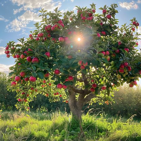 “An Apple Tree is a deciduous tree known for its delicious, crisp apples and its charming presence in gardens. These majestic trees provide shade and beauty, with blossoms in the spring and fruit in the late summer to fall. Planting an apple tree not only enhances your garden's aesthetic but also offers the rewarding experience of harvesting your own fruit for years to come. 🌳🍎” Fruit Tree Reference, Fruit Trees Photography, Fruit Trees Backyard Aesthetic, Aesthetic Fruit Trees, Fruit Tree Forest, Nature Plants Aesthetic, Apple Trees Aesthetic, Apple Trees Backyard, Fall Tree Aesthetic