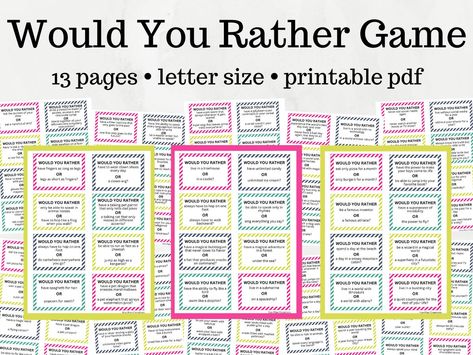 Check out my printable Would You Rather questions and game for kids! Both printable PDF files are completely free to use at home in your classroom. You can print the 4-page Would You Rather questions and/or the 101 colorful game cards. The Would You Rather questions are perfect for kids of all ages and include easy, hard, funny, gross, and teen questions! Would You Rather Teacher Edition, Back To School Would You Rather, Kid Would You Rather Questions, Would You Rather Questions For Kids, Passive Programming Library, Hard Would You Rather, Funny Would You Rather, Spanish Questions, Passive Programs