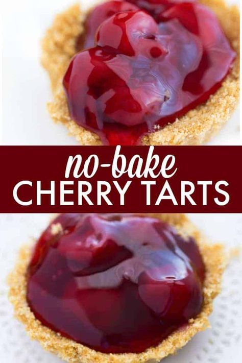 No-Bake Cherry Tarts - Made with a graham cracker crumb crust and stuffed with cherry pie filling. You won’t be able to get enough of this easy, no-bake dessert! Healthyish Desserts, Cherry Tarts, Cherry Pie Filling Recipes, Mini Cherry Pies, Graham Cracker Crust Recipe, Crumb Crust, Tiny Foods, Pies Recipes, Graham Cracker Crust Pie