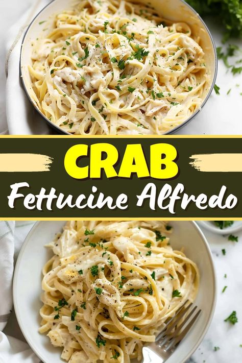 This Crab Fettuccine Alfredo is rich, creamy, and so decadent! Tender pasta is tossed with succulent crab meat in a luscious garlic Parmesan sauce. Crab Alfredo Pasta Recipes, Crab Alfredo Recipe, Crab Alfredo Pasta, Crab Fettuccine Alfredo, Seafood Fettuccine Alfredo, Creamy Crab Pasta, Crab Fettuccine, Crab Meat Pasta, Seafood Fettuccine