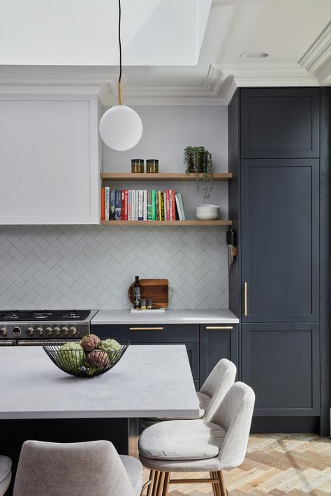 British Standard Kitchen, Blue Shaker Kitchen, Classic English Kitchen, Story London, Herringbone Wood Floor, Victorian Townhouse, Traditional Kitchen Design, Shaker Style Kitchens, Period Property