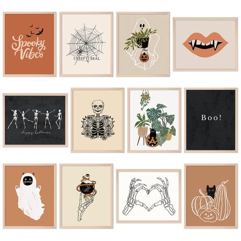 PRICES MAY VARY. Set of 12 - There are totally 12pcs wall art prints, and each have different patterns, and measures 11 x 14inch, suitable for wall decoration or photo frames.(The wall art prints are UNFRAMED.) Halloween Boho Design - These art poster decor are all in boho style, and combined with Halloween elements and letters, such as pumpkin, skeleton, ghost, black cat, spider web, etc., novel and unique design make them more attractive, well match Halloween festive. Waterproof & Durable - Ou Boho Skeleton, Imprimibles Halloween, Skeleton Ghost, Minimalist Halloween, Boho Halloween, Black Cat Art, Halloween Wall Art, Autumn Art, Halloween Prints