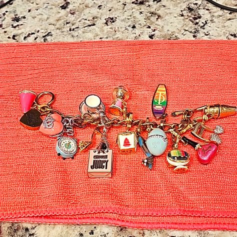 This Is Truly A Collectible!! I Believe All The Charms Are Retired! Bracelet Never Worn..Kept In A Jewelry Box!! Junk Charm Bracelet, Juice Couture, Juicy Couture Charms Bracelet, Juicy Couture Bracelet, Bracelet Inspo, Vintage Charm Bracelet, Juicy Couture Charms, Juicy Couture Jewelry, Charms Bracelet