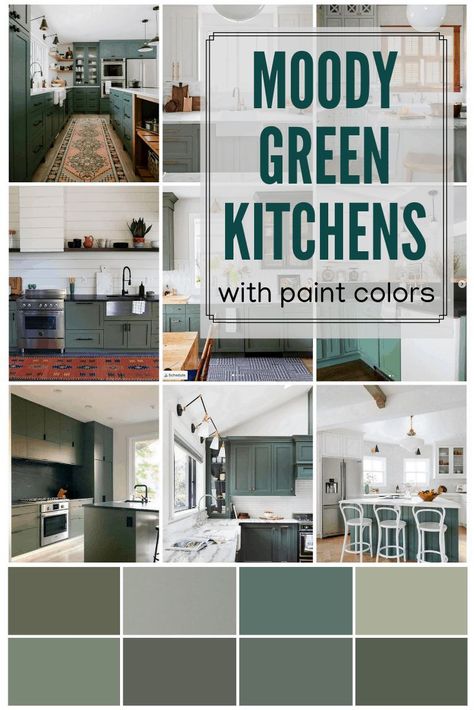 Nine Moody Green Kitchens with their paint brands and color names listed. Green Kitchen Cabinets. Painted Green Cabinets. Jack Pine by Benjamin Moore, Pigeon by Farrow & Ball, Clary Sage by Sherwin Williams. Tate Olive by Benjamin Moore, Forest Floor by Benjamin Moore, Privilege Green by Sherwin Williams, Vintage Vogue by Benjamin Moore, Pewter Green by Sherwin Williams, Green Smoke by Farrow & Ball via @BrightGreenDoor Moody Green Kitchen, Kitchen Cabinet Paint Colors, Green Kitchen Cabinet, Olive Green Kitchen, Kitchen Cabinet Paint, Green Kitchens, Farrow Bal, Moody Green, Sage Green Kitchen