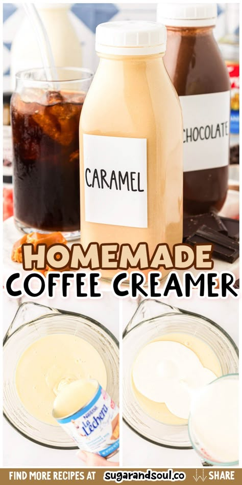 Storebought coffee creamer doesn't compare to the simplicity and deliciousness of this 4-ingredient recipe for Coffee Creamer you can make at home in just 5 minutes. Tons of flavor options to choose from! Home Made Creamer For Coffee, Caramel Coffee Creamer Recipe, Homemade Creamer, Condensed Milk Coffee, Sugar Free Coffee Creamer, Homemade Coffee Creamer Recipe, Diy Coffee Creamer, Healthy Coffee Creamer, The Best Iced Coffee