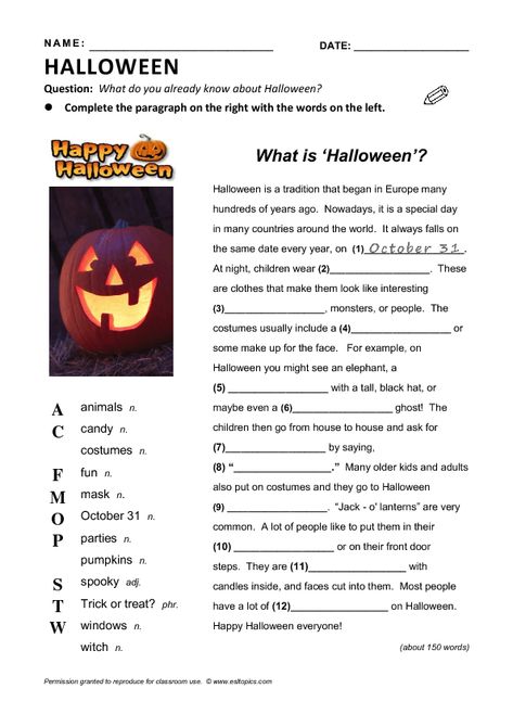 BusyTeacher.org Halloween Questions, Halloween Worksheet, Halloween Trivia, Halloween Quiz, Halloween Writing Prompts, English Talk, Halloween Vocabulary, Halloween Lesson, Halloween History