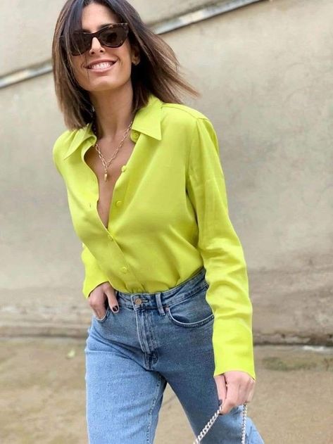 Yellow Shirt Outfit, Satin Blouse Long Sleeve, Outfits Con Camisa, Female Blouse, Neon Shirts, Verde Lima, Business Outfits Women, Yellow Satin, Camisa Social