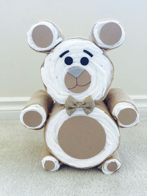 Diaper Sculpture Shower Gifts, Teddy Bear Diaper Cake Tutorial, Bear Diaper Cakes For Baby Boy, Diaper Animals, Jeep Diaper Cake, Teddy Bear Diaper Cake, Bear Diaper Cake, Diaper Cake Ideas, Diy Diaper Cake