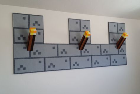 Minecraft Playroom Ideas, Minecraft Bathroom Decor, Minecraft Cardboard Crafts Diy, Fortnight Bedroom Ideas, Minecraft Wall Painting, Minecraft Torch Diy, Minecraft Bedroom Theme, Minecraft Wall Mural, Minecraft Inspired Bedroom