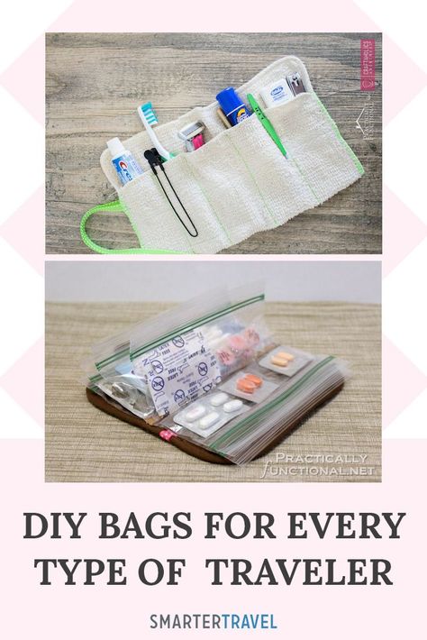 Travel Pouches Organizing Diy, Medication Travel Organization, Sew Travel Organizer, Diy Suitcase Organizer, Diy Travel Makeup Bag, Diy Travel Makeup Organizer, Diy Travel Laundry Bag, How To Make Travel Bags, Luggage Travel Cup Holder Diy