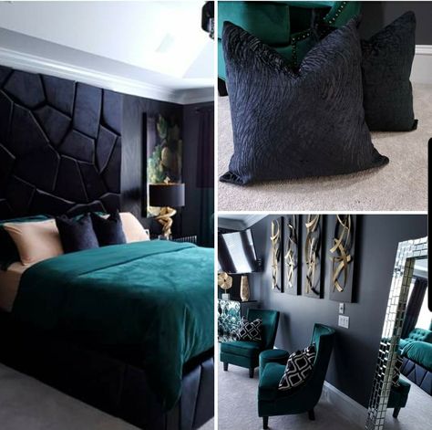 Black And Emerald Bed, Black Grey And Emerald Bedroom, Black N Gold Bedroom Ideas, Black Gold And Green Bedroom Ideas, Emareld Green Bedroom Ideas, Black Blue Bedroom Ideas, Black Green Gold Bedroom Decor, Emerald Green Black Bedroom, Green And Black Master Bed