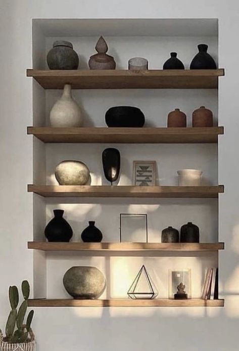 Recessed Shelves, Adobe House, Colour Texture, Room Shelves, Shelf Styling, Built In Shelves, Dining Room Walls, Wood Shelves, Shelf Decor