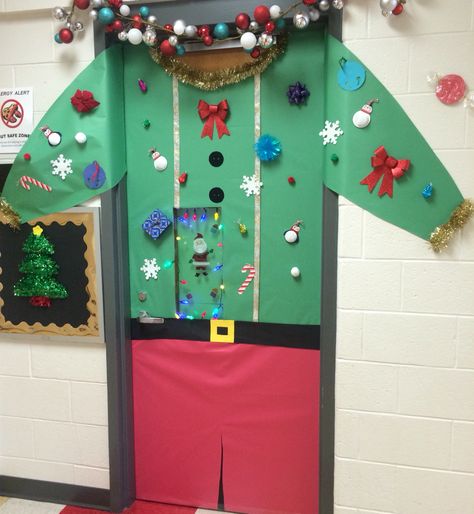 May All Your Sweaters Be Tacky And Bright ☃ Ugly Sweater Door, School Cafeteria Decorations, Technology Activities, Door Decorations Classroom Christmas, Diy Christmas Sweater, Christmas Door Decorating Contest, Christmas Classroom Door, Christmas Door Decoration, Door Decorating Contest