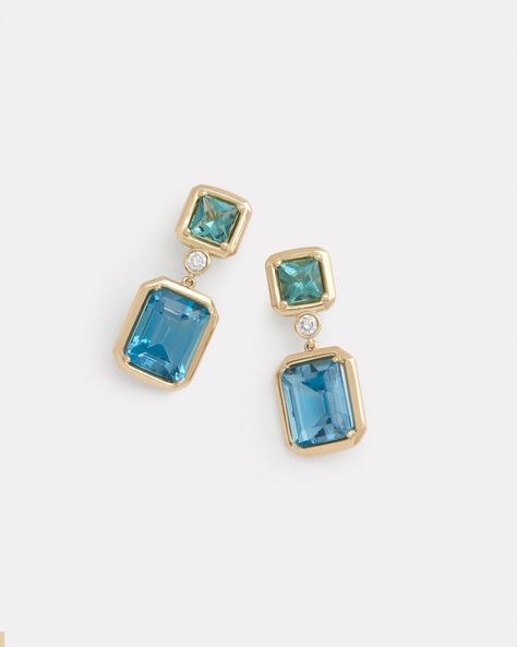 18K Yellow Gold Square Blue Tourmaline and London Blue Topaz Drop Earring with Diamonds, .15 TCW1 Inch Long x 1/2 Inch Wide Style# YESEBGLBW Blue Earrings Wedding, Teal Jewelry, London Blue Topaz Earrings, Lucky Jewelry, Blue Topaz Jewelry, Expensive Jewelry Luxury, Edwardian Jewelry, Tourmaline Earrings, Aquamarine Earrings