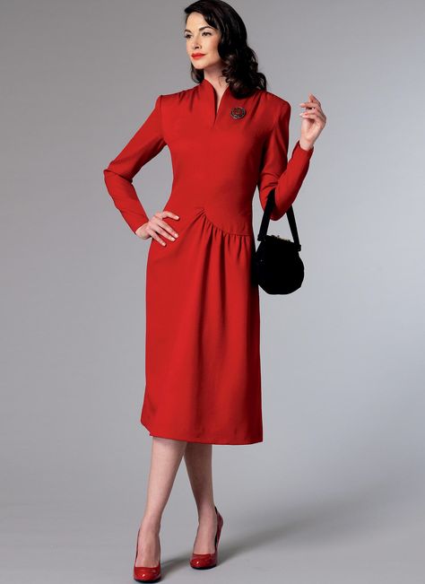 Butterick Misses' Swan-Neck or Shawl Collar Dresses with Asymmetrical Gathers 6374 Butterick Retro Patterns, Neck Collar Pattern, Collar Dress Pattern, Shawl Collar Dress, 40s Mode, Collar Dresses, Dresses By Pattern, Swan Neck, Butterick Pattern