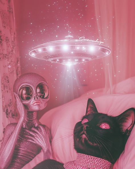 The black cat looked up at the alien and said, “Take me to your litter!” 😸👽🛸 Happy Caturday! 🩷 All my love, Your Starcrime alien AKA Heather . . . #PinkVibes #GlitterArt #glitterartist #UFOArt #AlienArt #scifiartwork #catartwork #catlove #catlovers Alien Baddie Aesthetic, Pink Alien Wallpaper, Alien Baddie, Tumblr Aliens, Bling Aesthetic, Fancy Towels, Celestial Aesthetic, Scifi Artwork, Alien Cat