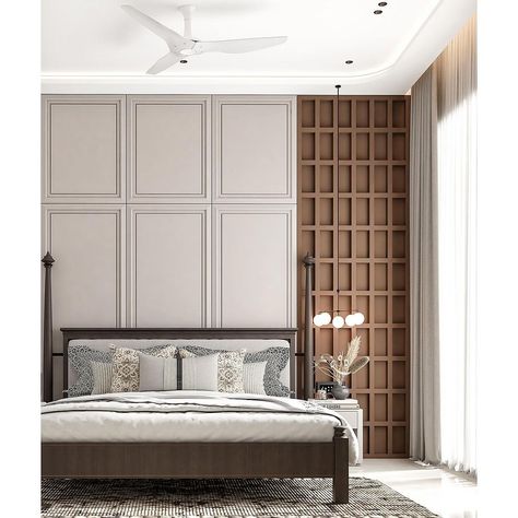 Anand_raval_design | “ The color in the bedroom can convey atmosphere and mood. “ Upcoming project #udaipur Design by : @the_anand_rawal @_hemil_dodiya_… | Instagram Luxury Bedroom Master Panelling, Projection Wall Design, Bed Back Design With Window, Bedroom Modern Classic Interior Design, Headboard Bed Design, Bed Back Designs, Bed Wall Panelling Design, Bed Back Paneling Design, Villa Bedroom Design