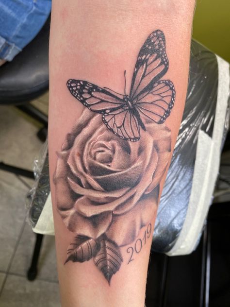 Butterfly for my sister Ashley & Rose for my mother-in-law Angie with 2019 for the year that both of them passed away. Butterfly And Roses Tattoo For Women, Flower And Butterfly Tattoos For Women, Butterfly Tattoo In Memory Of, Tattoo Ideas Female Rose And Butterfly, Rose And Butterfly Tattoo On Shoulder, Roses With Butterfly Tattoo, Butterfly Memorial Tattoo Mom, Rose Arm Tattoos For Women Forearm, Tattoo Ideas Neck Woman