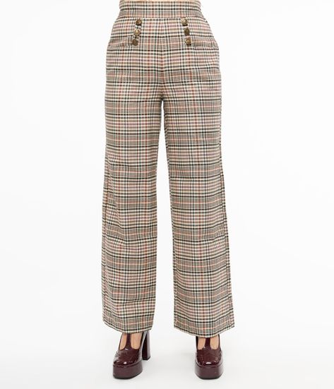 A classic pair of 1940s style sailor style slacks, the Ginger pants from Unique Vintage are a beige plaid complete in a striking 1940s vintage design. A thick waistband rests easily at the natural waist, secured by a side zipper and hook, while cute pockets on the sides and back add a charming retro accent. The wide pant leg creates a powerful retro silhouette to slim and flatter, while deep side pockets allow you to stowaway your keepsakes. Ginger's got pier perfection in check!Available in size XS-5X while supplies last. Style Slacks, Tweed Pants, Sailor Style, 1940s Style, Beige Plaid, Sailor Fashion, Pants Women Fashion, 1940s Fashion, Plaid Pants