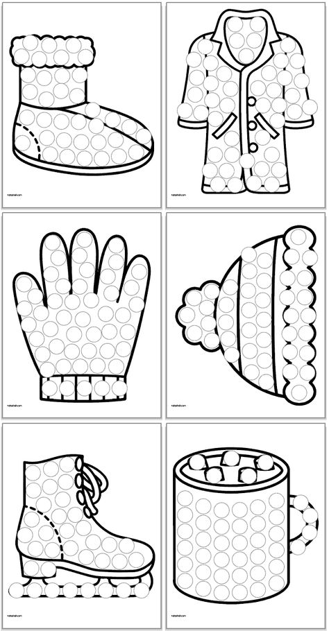 These free winter dot painting printables are no-prep fun for a snow day! Free dot marker coloring pages for preschool and kindergarten. They're a developmentally appropriate fine motor activity! Clothes Art Activities For Preschool, Clothes Art Preschool, Clothes Crafts Preschool, Clothes Preschool Activities, Dot Painting Printables, 3s Preschool, Marker Coloring Pages, Clothes Worksheet, Coloring Pages For Preschool