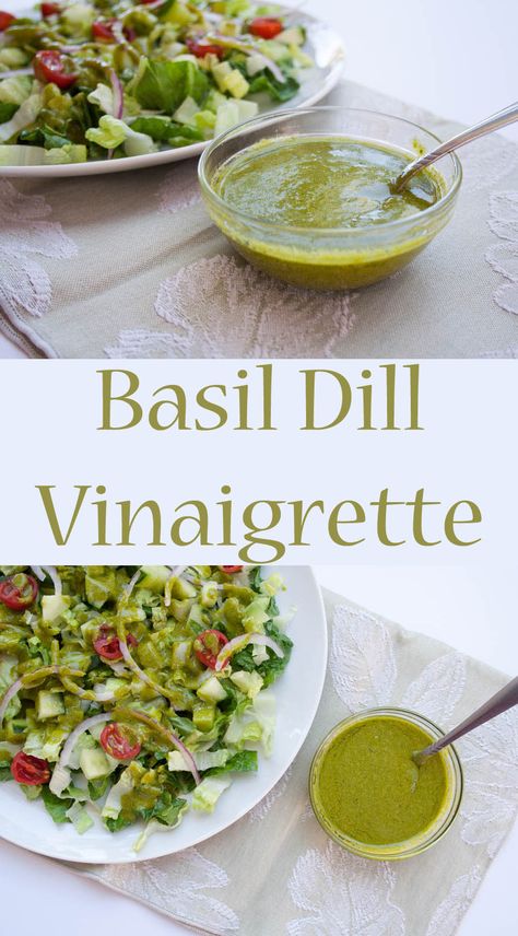 Basil Dill Vinaigrette (vegan, gluten free) This addictive vegan salad dressing has fresh garden herbs, Dijon mustard, agave syrup, cheesy nutritional yeast, red wine vinegar, and extra virgin olive oil. #vegandressing #vinaigrette Healthy Condiments, Dill Vinaigrette, Salad Recipes Low Carb, Vegan Salad Dressing, Gluten Free Salads, Garden Herbs, Vegan Lunch Recipes, Low Carb Salad, Best Salad Recipes