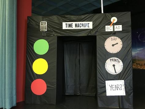 Time Machine Cardboard, Time Machine Classroom Door, Time Machine Party Decorations, Cardboard Time Machine, Time Travel Party Decorations, Time Machine Craft, Time Travel Decorations Vbs, Time Travel Decorations, Time Travel Crafts