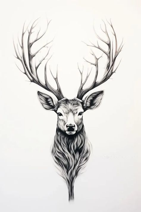 Mountain Deer Tattoo, Elk Tattoos For Men, Deer Face Drawing, Stag Head Tattoo, Deer Art Painting, Skull Art Animal, Tris Tattoo, Drawing Of A Deer, Stag Tattoo Design