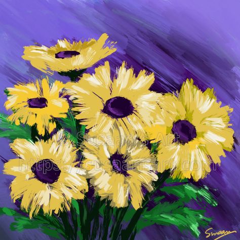 Yellow Flowers Painting, Flowers In Vase Painting, Color Theory Art, Small Purple Flowers, Small Yellow Flowers, Unique Canvas Art, Purple Painting, Rooster Painting, Random Aesthetics