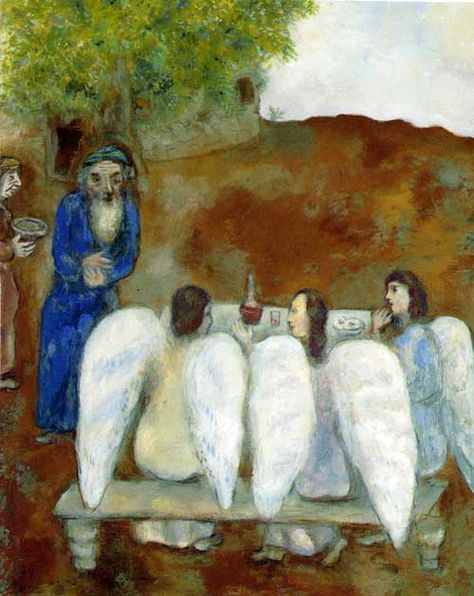 Chagall-Abraham and the Visiting Angels Artist Chagall, Chagall Paintings, Three Angels, Marc Chagall, Pierre Auguste Renoir, Jewish Art, Naive Art, Sacred Art, Gustav Klimt